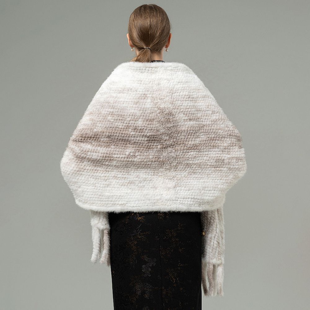 Genuine Mink Fur Shawl Wrap Elegant Fur Stole Cape Scarf with Fringe