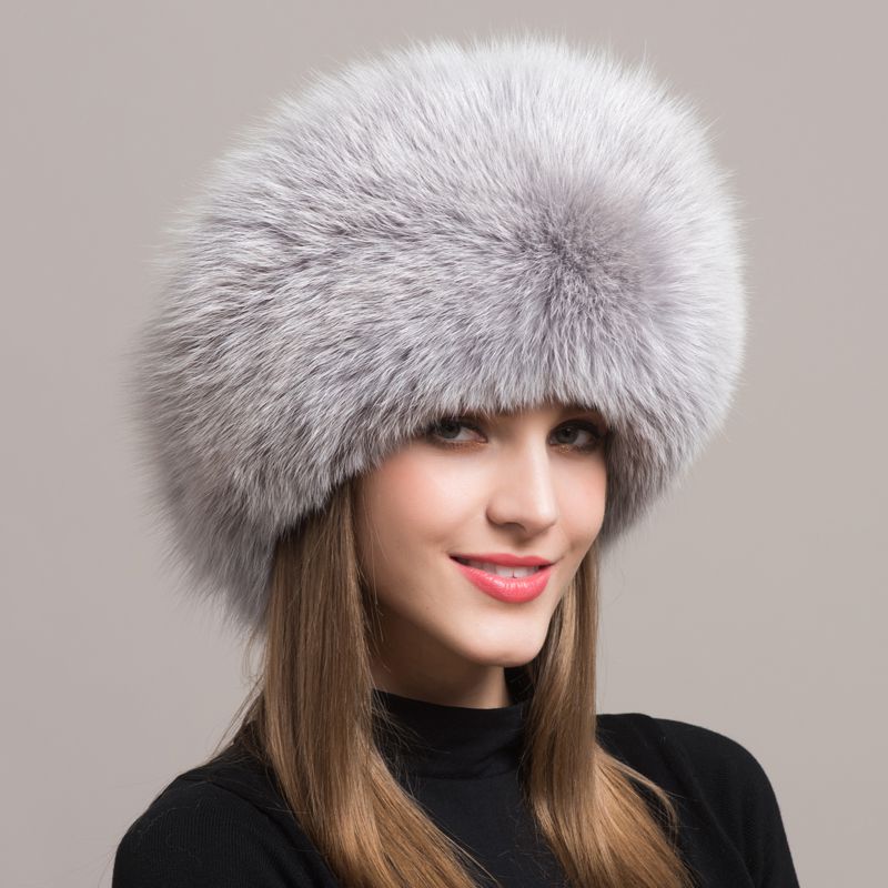 Women's Winter Fox Fur Roller Hat Sheepskin Pom Pom Fur Round Hat