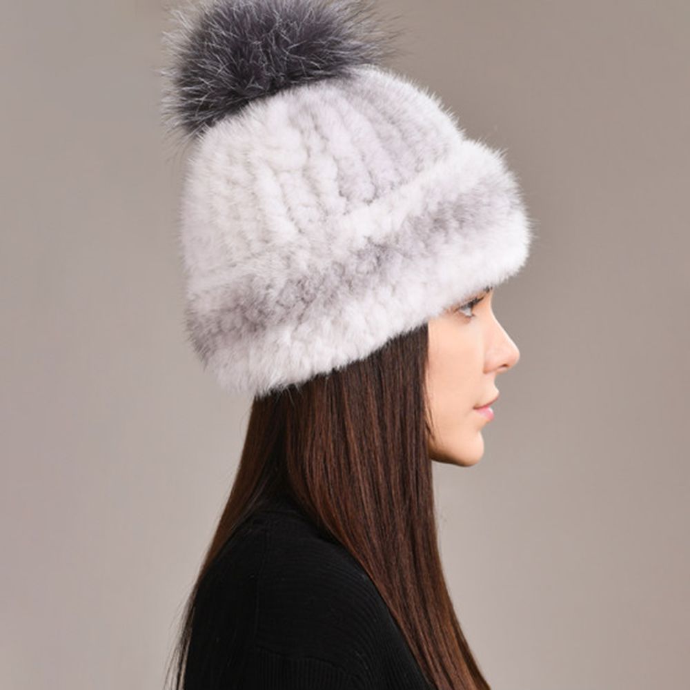Luxury Real Mink Fur Beanie Hat with Fox Fur Pom-Pom Elegant Winter Knitted Hat for Women