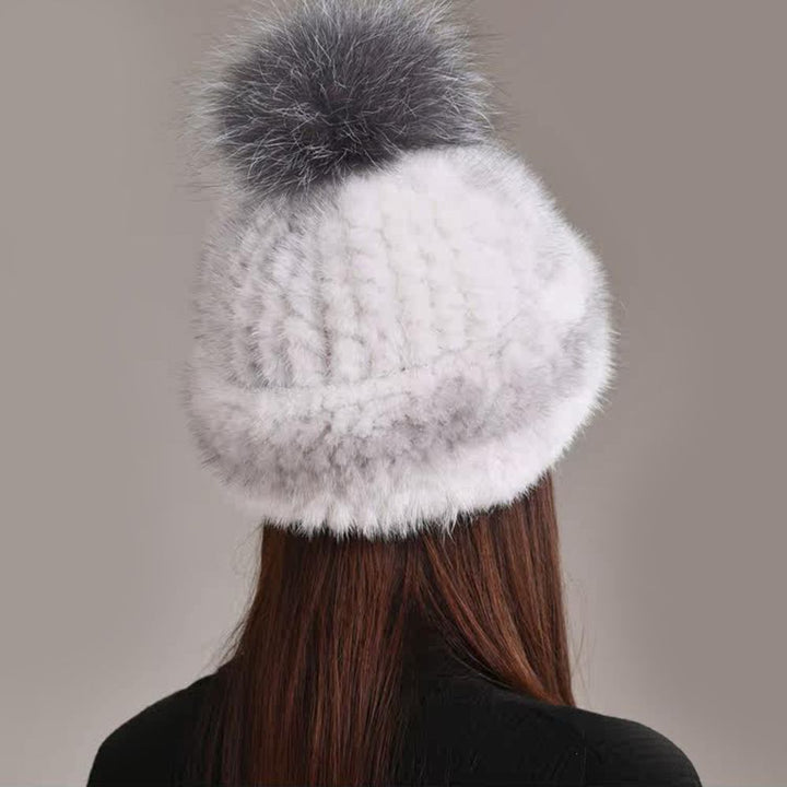 Luxury Real Mink Fur Beanie Hat with Fox Fur Pom-Pom Elegant Winter Knitted Hat for Women