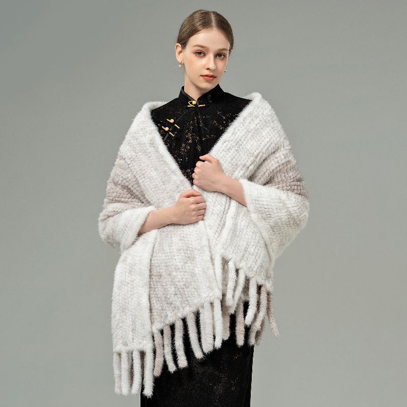 Genuine Mink Fur Shawl Wrap Elegant Fur Stole Cape Scarf with Fringe