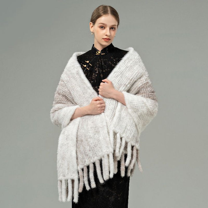 Genuine Mink Fur Shawl Wrap Elegant Fur Stole Cape Scarf with Fringe
