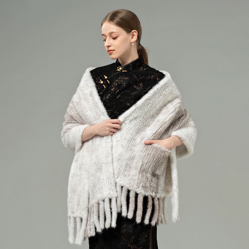 Genuine Mink Fur Shawl Wrap Elegant Fur Stole Cape Scarf with Fringe