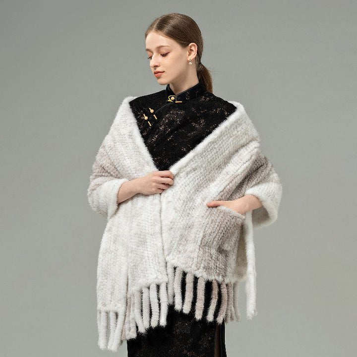 Genuine Mink Fur Shawl Wrap Elegant Fur Stole Cape Scarf with Fringe