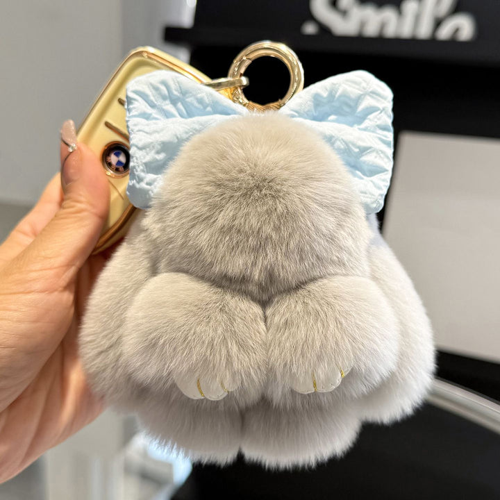 Real Rabbit Fur Cute Bunny and Bow Keychain Luxury Fur Bag Charm