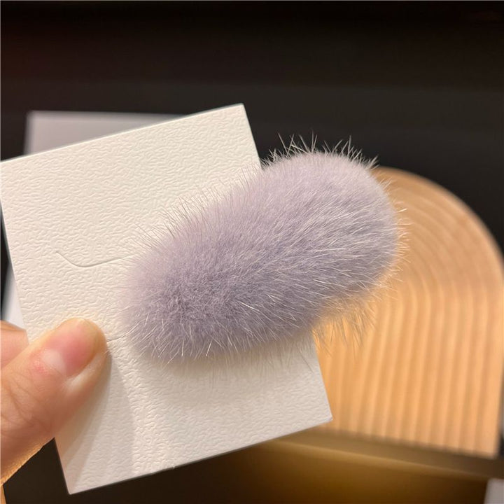Mink Fur Hair Clip Soft Fluffy Oval Snap Hair Barrette