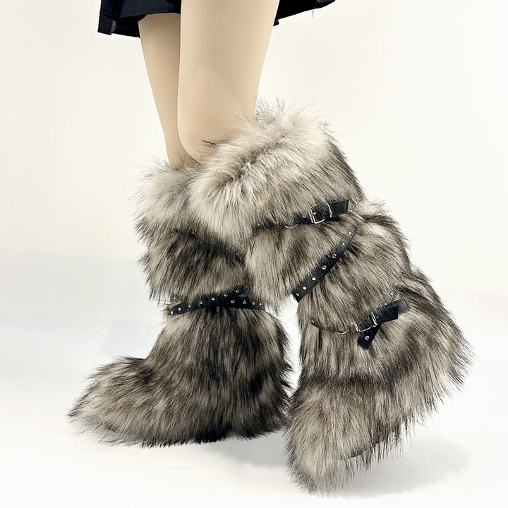 Womens Faux Fur Boot Winter Fluffy Long Furry Boots for Girls Outdoor Fuzzy Knee-High Sexy Snow Boots with Cross Straps and Buckle