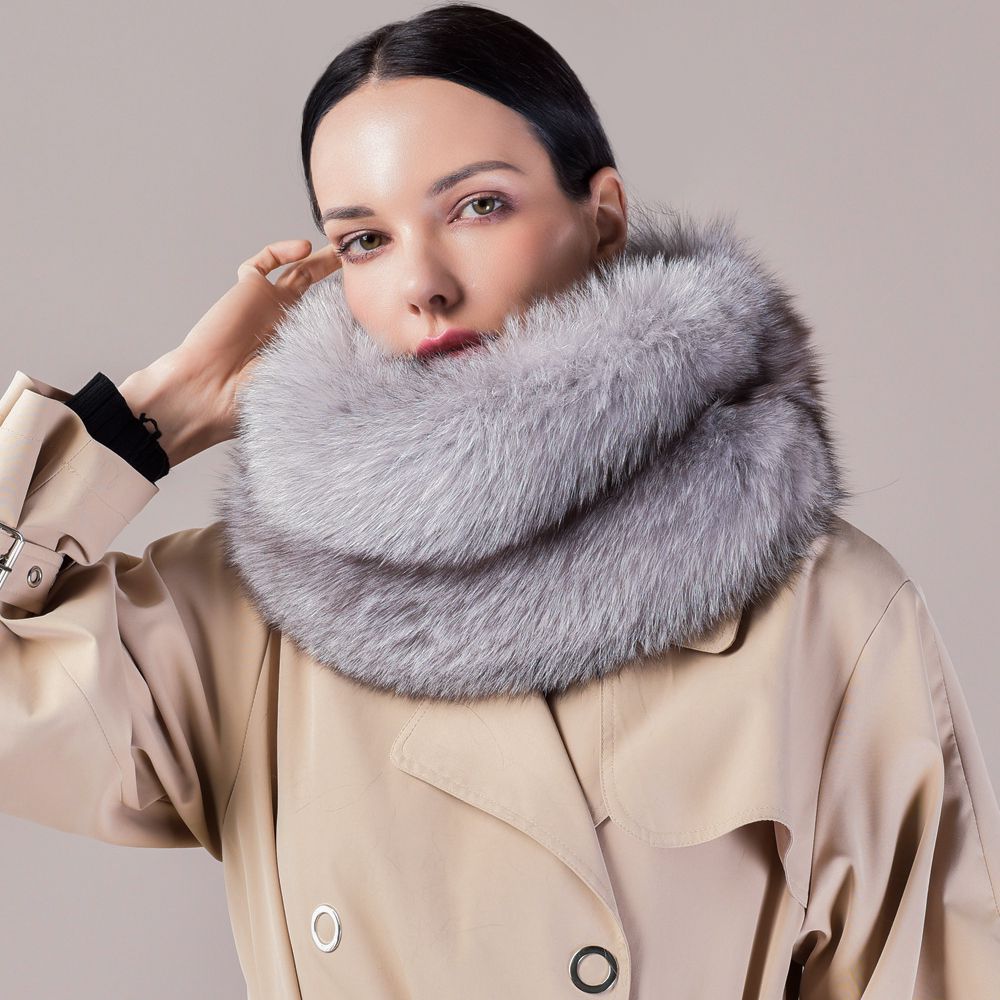 Luxury Real Silver Fox Fur Scarf Collar Oversized Fluffy Natural Fur Neck Warmer Wrap for Women