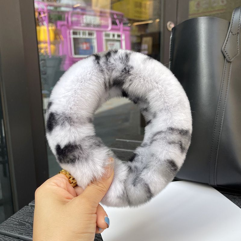 Real Rabbit Fur Headband Women's Soft Plush Leopard Print Hair Accessories