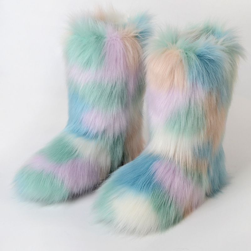 Vibrant Patchwork Faux Fur Boots Women Colorful Winter Furry Snow Boots Footwear