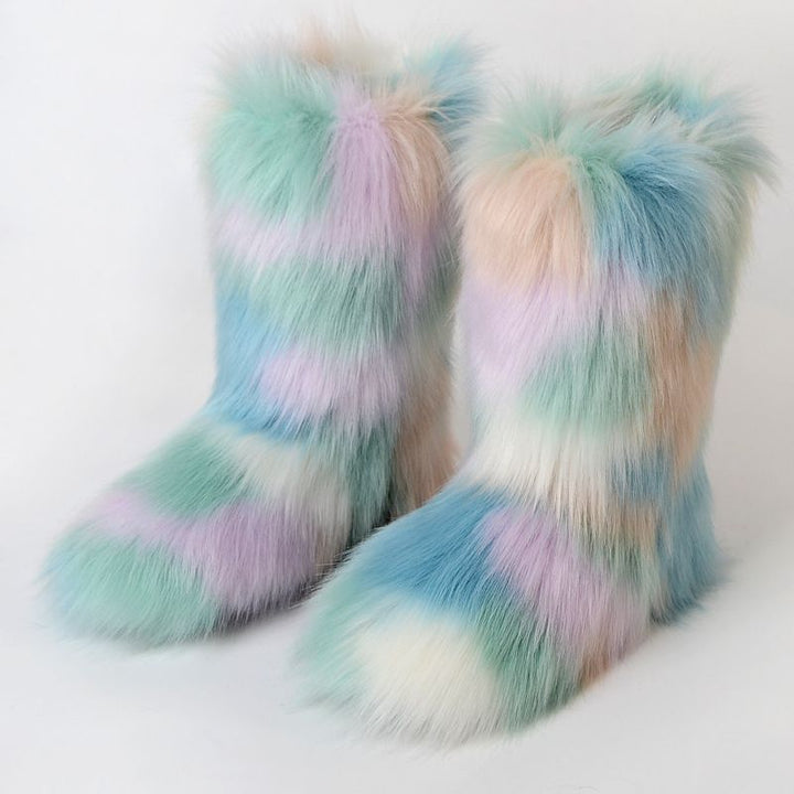 Vibrant Patchwork Faux Fur Boots Women Colorful Winter Furry Snow Boots Footwear