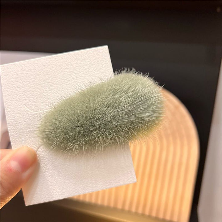 Mink Fur Hair Clip Soft Fluffy Oval Snap Hair Barrette