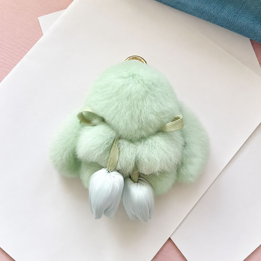 Cute Bunny Rabbit Fur Keychain with Tulip Charm Soft Plush Rabbit Bag Charm Key Ring Accessory
