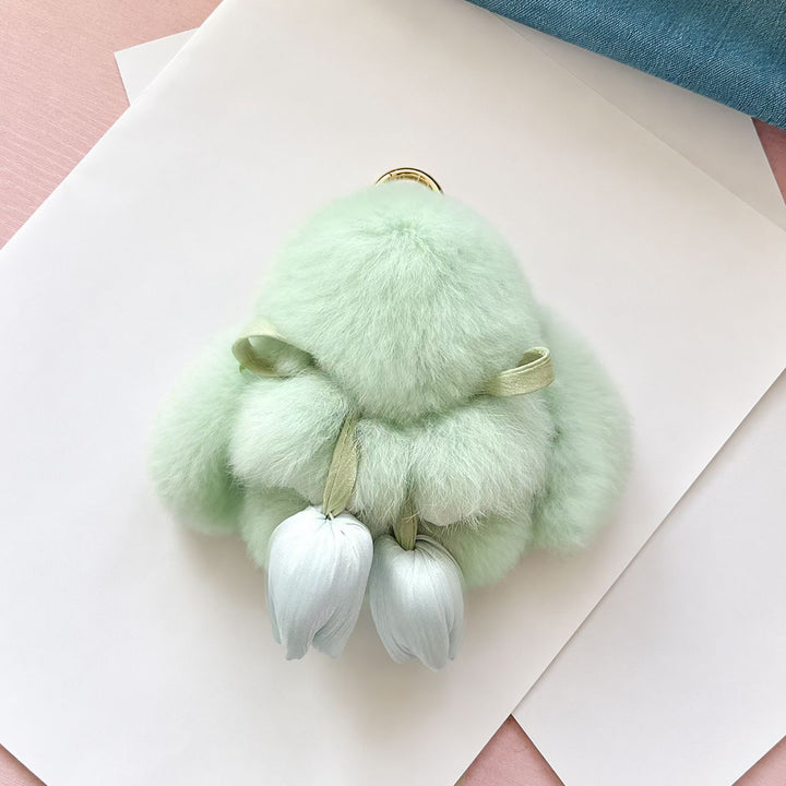 Cute Bunny Rabbit Fur Keychain with Tulip Charm Soft Plush Rabbit Bag Charm Key Ring Accessory