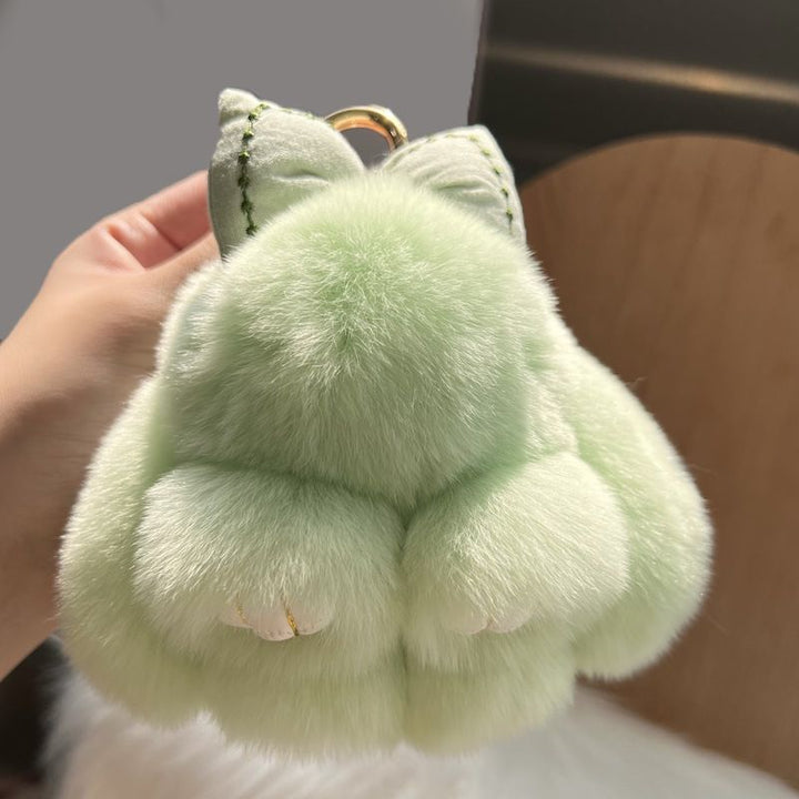 Real Rex Rabbit Fur Bunny Keychain Ultra-Soft Lop Eared Rabbit Key Ring with Bow