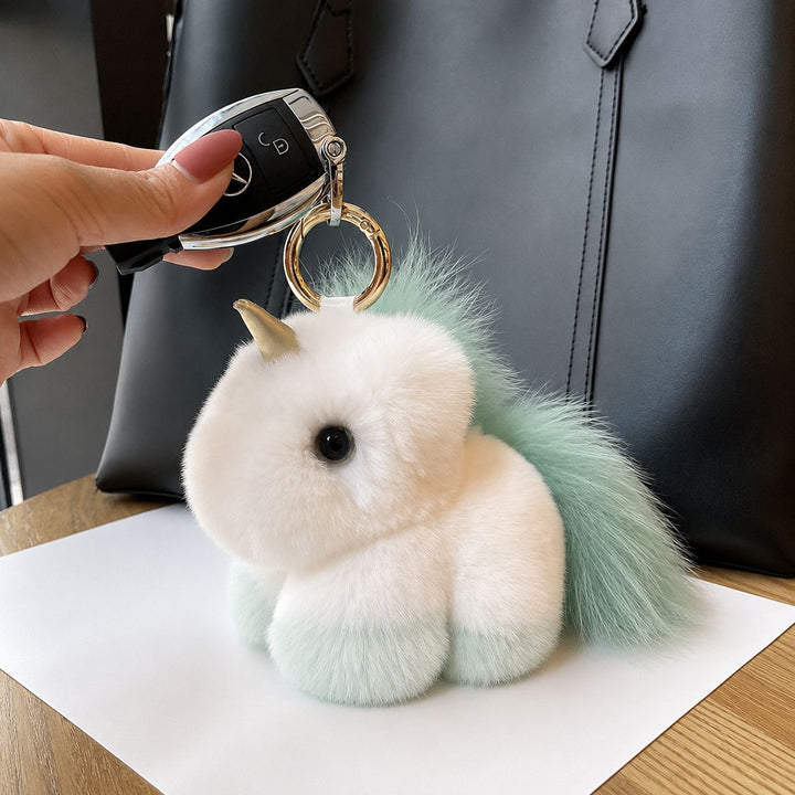 Real Rabbit Fur Unicorn Keychain Luxury Plush Bag Charm Car Key Ring Accessory