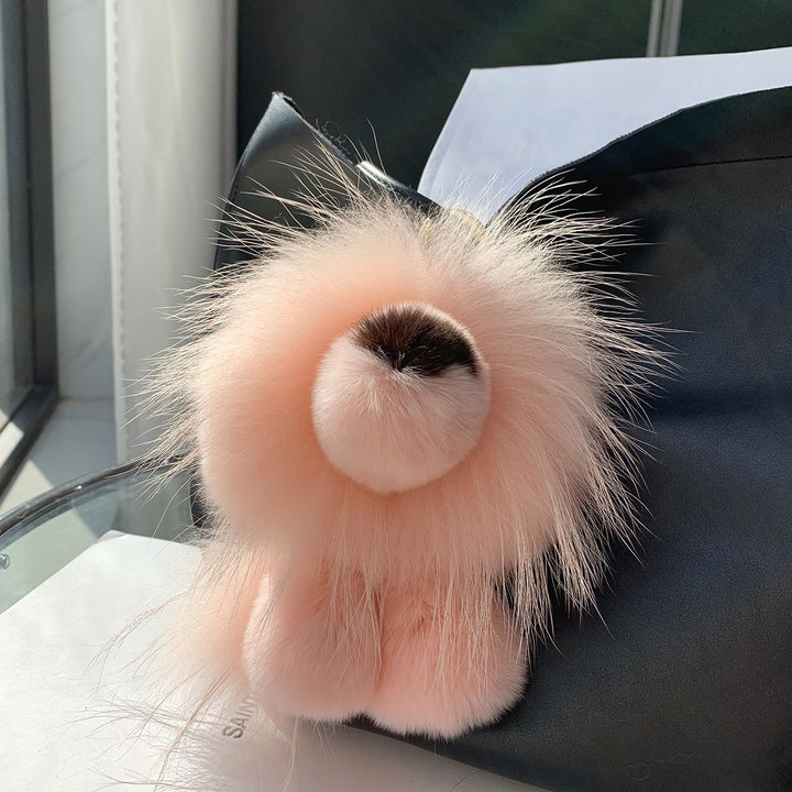 Real Fur Lion Keychain Handmade Fluffy Animal Bag Charm Luxury Fur Pom Pom Key Ring