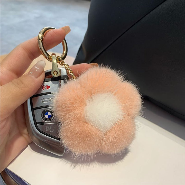 Cute Real Mink Fur Flower Car Keychain Fluffy Pom-Pom Luxury Bag Charm