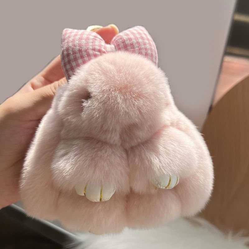 Real Rex Rabbit Fur Bunny Keychain Ultra-Soft Lop Eared Rabbit Key Ring with Bow