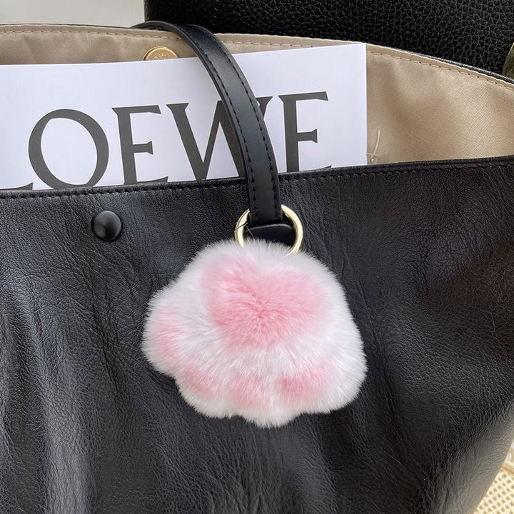 Cute Cat Paw Rabbit Fur Pom Pom Keychain Plush Handbag Purse Charm