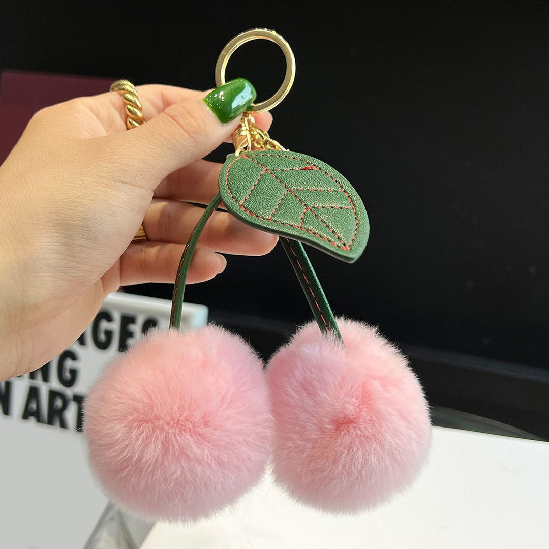 Rabbit Fur Cherry Keychain Cute Pom Pom Plush Bag Car Charm