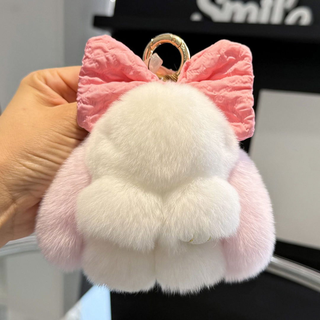 Real Rabbit Fur Cute Bunny and Bow Keychain Luxury Fur Bag Charm