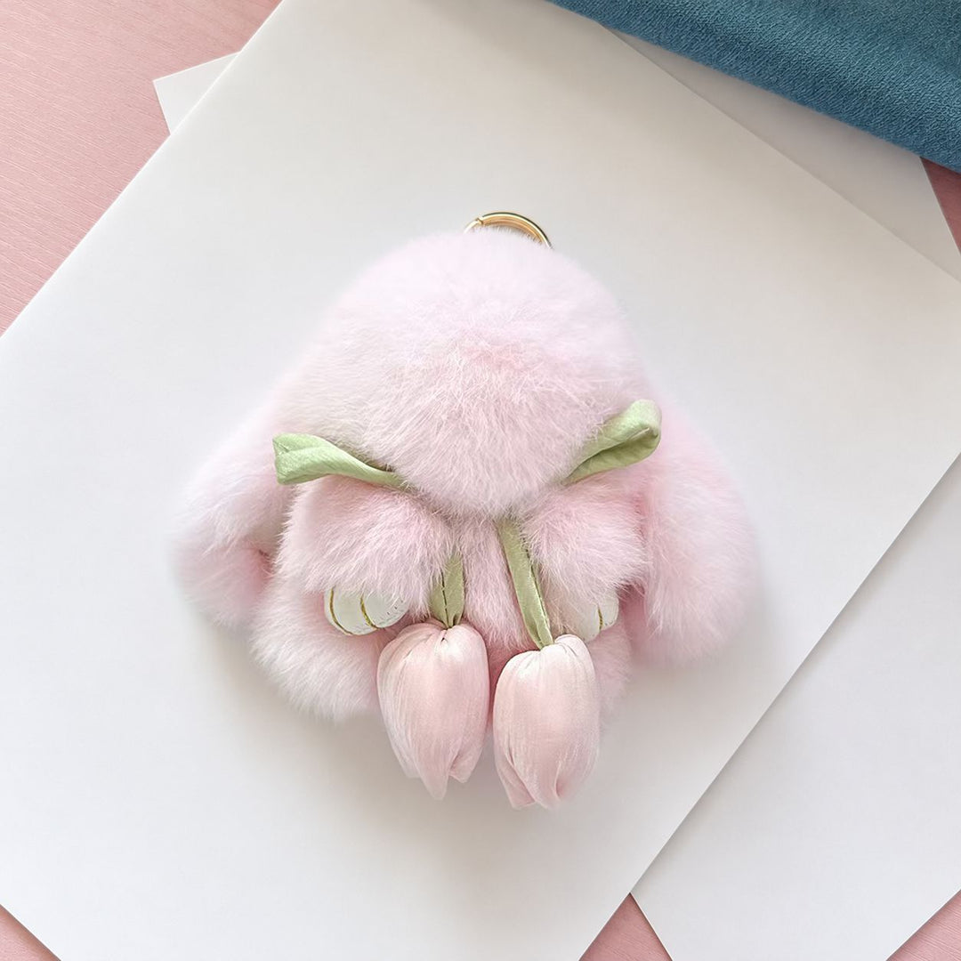Cute Bunny Rabbit Fur Keychain with Tulip Charm Soft Plush Rabbit Bag Charm Key Ring Accessory