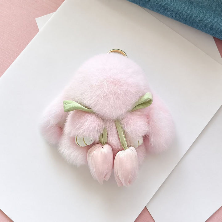 Cute Bunny Rabbit Fur Keychain with Tulip Charm Soft Plush Rabbit Bag Charm Key Ring Accessory