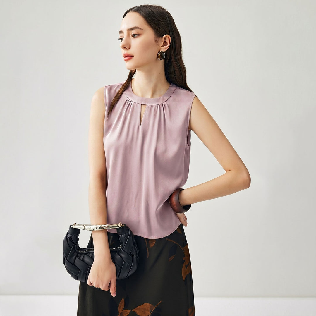 Round Keyhole Neck Sleeveless Mulberry Silk Tank Top for Women