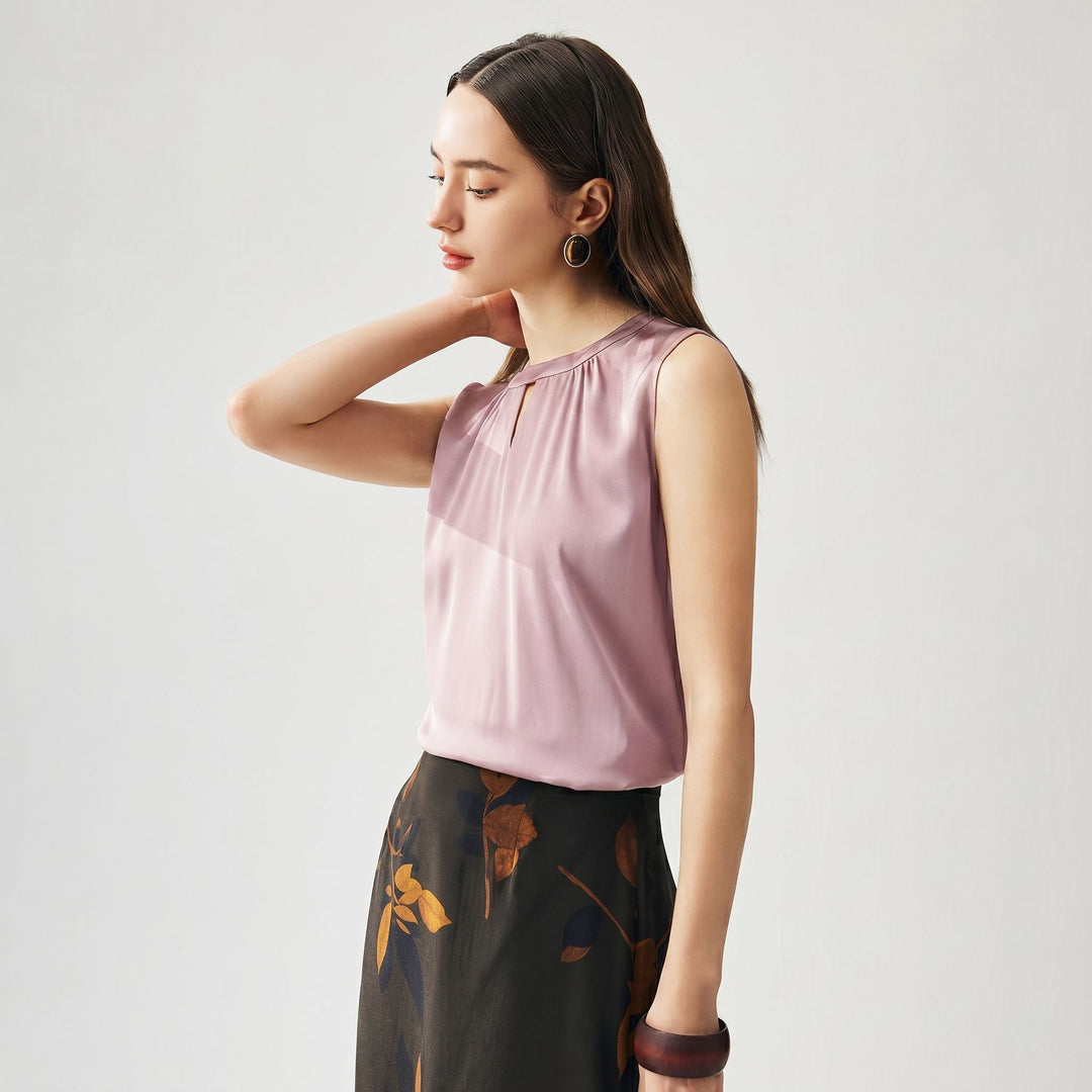 Round Keyhole Neck Sleeveless Mulberry Silk Tank Top for Women