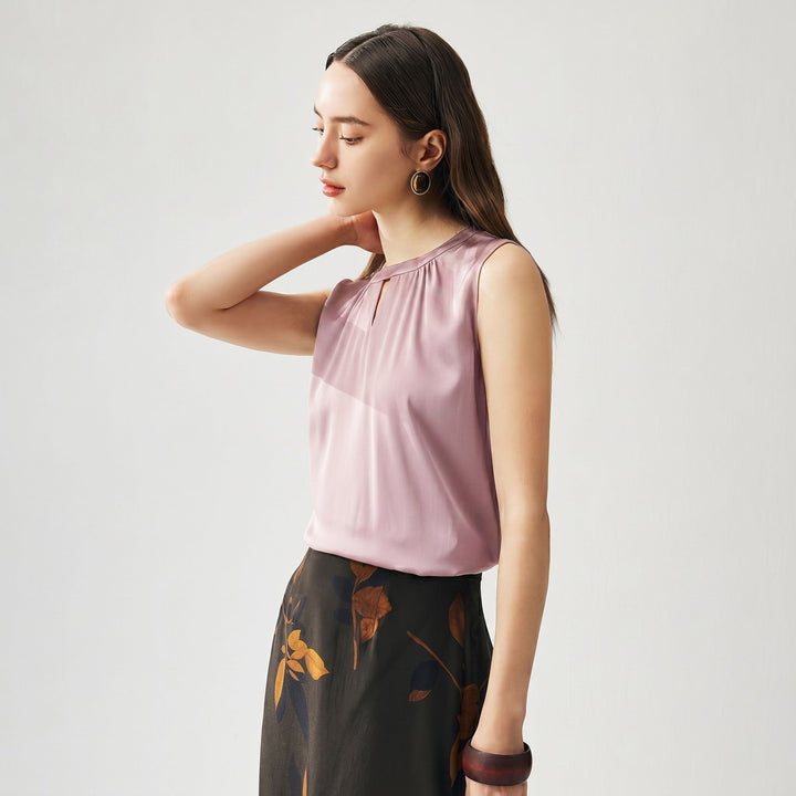 Round Keyhole Neck Sleeveless Mulberry Silk Tank Top for Women