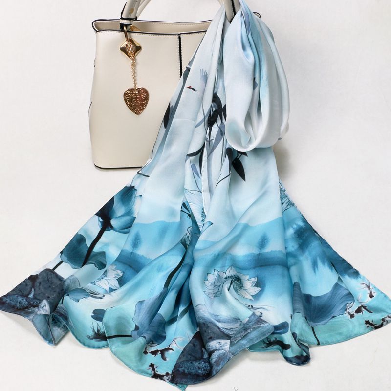 69" x 21" Womens Long Floral Printed Mulberry Silk Scarf Lightweight Luxury Wrap Neck Shawl