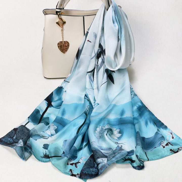 69" x 21" Womens Long Floral Printed Mulberry Silk Scarf Lightweight Luxury Wrap Neck Shawl