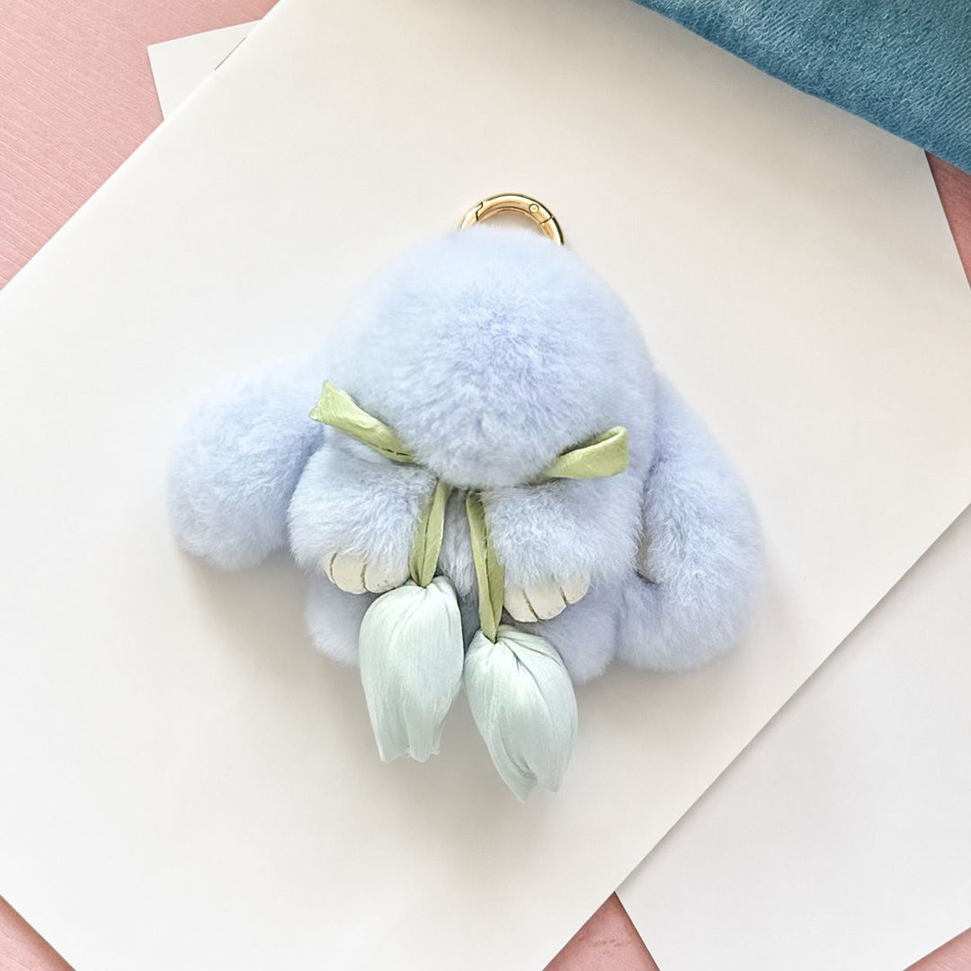 Cute Bunny Rabbit Fur Keychain with Tulip Charm Soft Plush Rabbit Bag Charm Key Ring Accessory