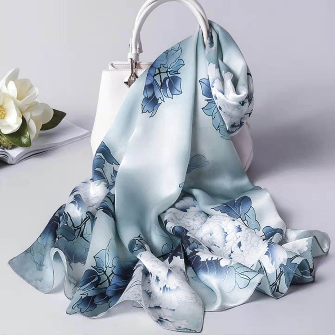 69" x 21" Womens Long Floral Printed Mulberry Silk Scarf Lightweight Luxury Wrap Neck Shawl