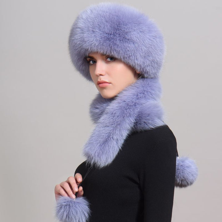 Luxury Winter Fox Fur Trapper Hat Women Pom Pom Fur Ushanka with Tail Scarf
