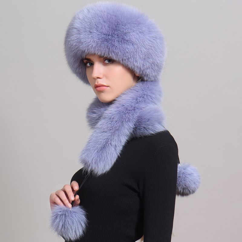 Luxury Winter Fox Fur Trapper Hat Women Pom Pom Fur Ushanka with Tail Scarf