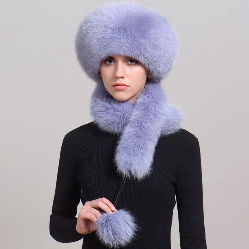 Luxury Winter Fox Fur Trapper Hat Women Pom Pom Fur Ushanka with Tail Scarf