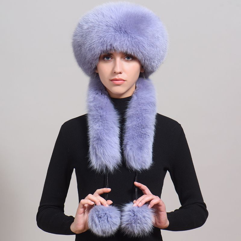 Luxury Winter Fox Fur Trapper Hat Women Pom Pom Fur Ushanka with Tail Scarf