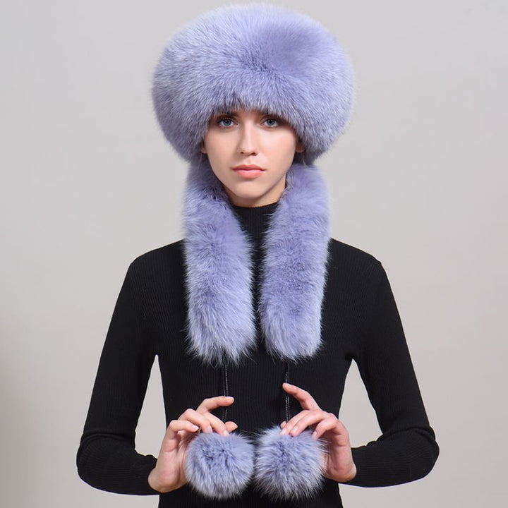 Luxury Winter Fox Fur Trapper Hat Women Pom Pom Fur Ushanka with Tail Scarf