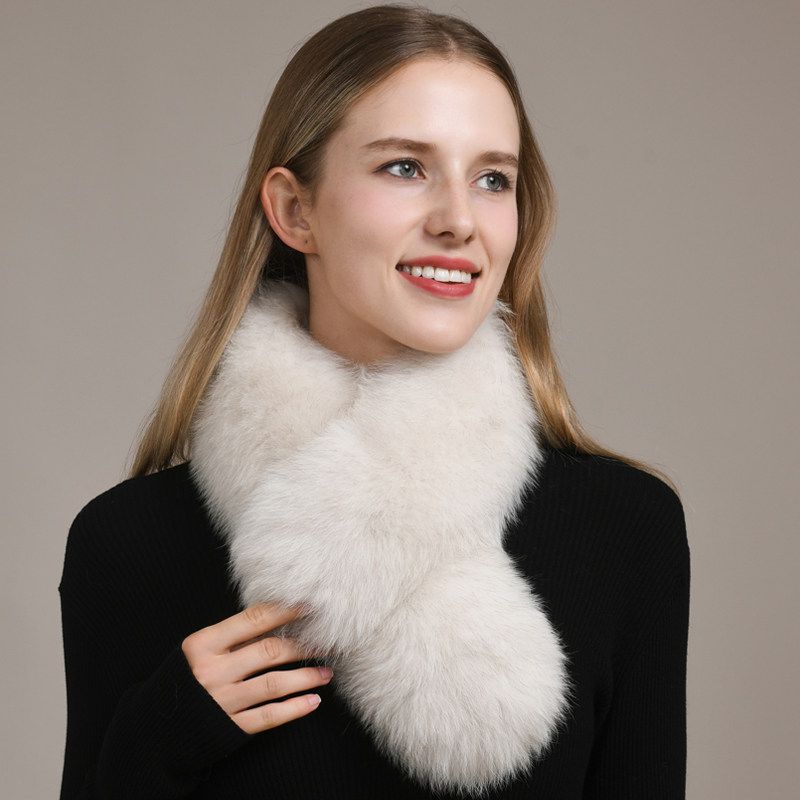 Women’s Real Fox Fur Cross-Over Scarf Genuine Plush Winter Fur Neck Warmer Collar
