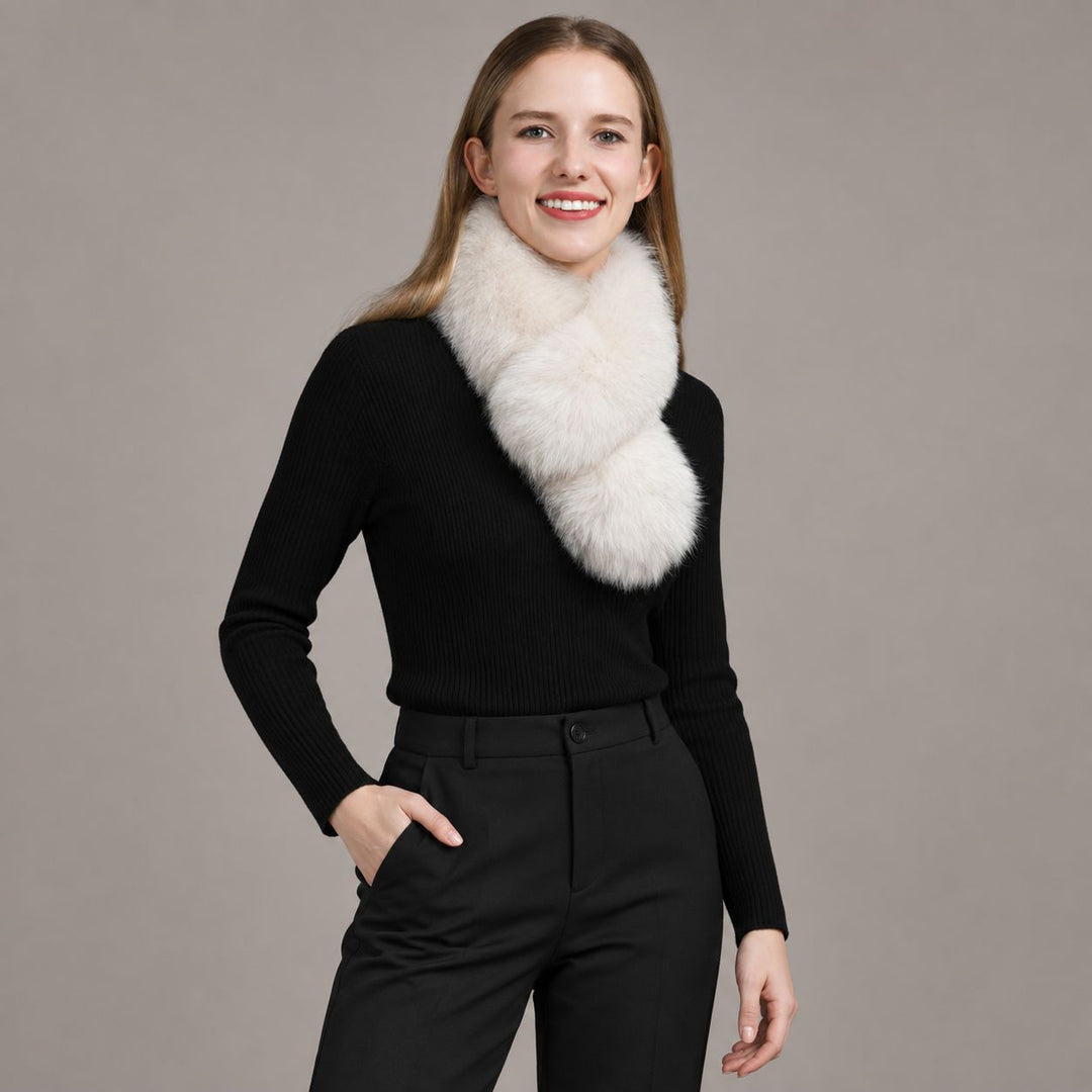 Women’s Real Fox Fur Cross-Over Scarf Genuine Plush Winter Fur Neck Warmer Collar