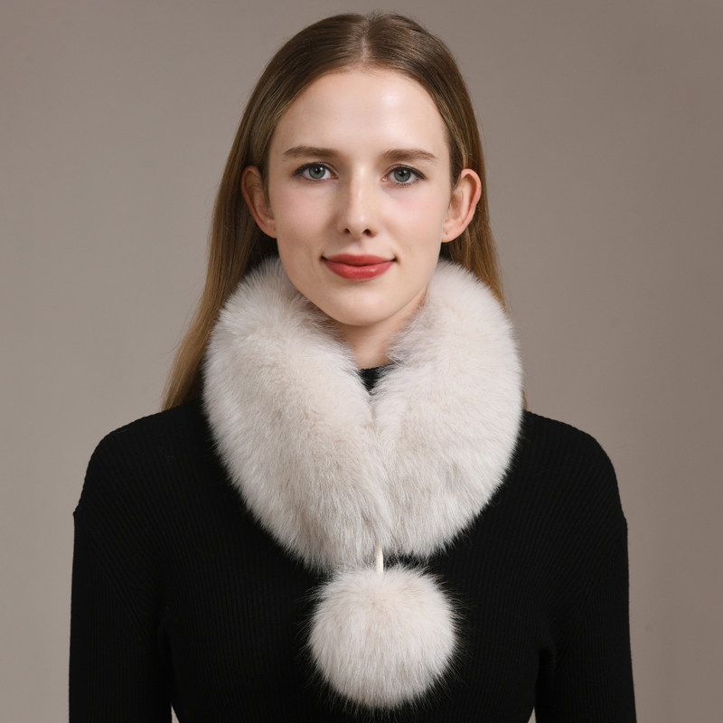Women’s Real Fox Fur Scarf with Pom-Pom Genuine Fur Collar Neck Warmer