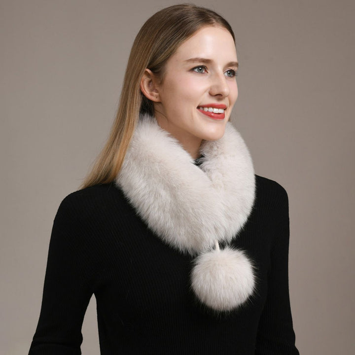 Women’s Real Fox Fur Scarf with Pom-Pom Genuine Fur Collar Neck Warmer