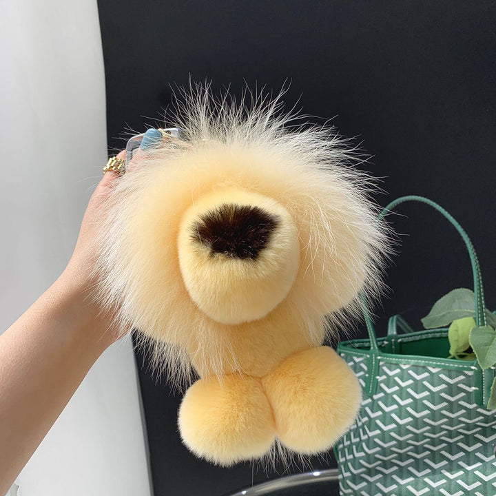 Real Fur Lion Keychain Handmade Fluffy Animal Bag Charm Luxury Fur Pom Pom Key Ring