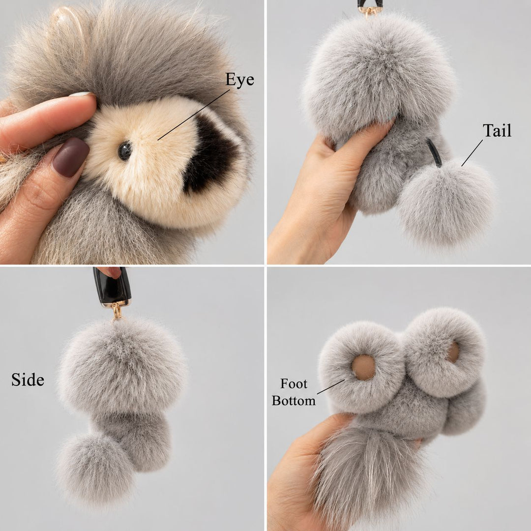 Real Fur Lion Keychain Handmade Fluffy Animal Bag Charm Luxury Fur Pom Pom Key Ring