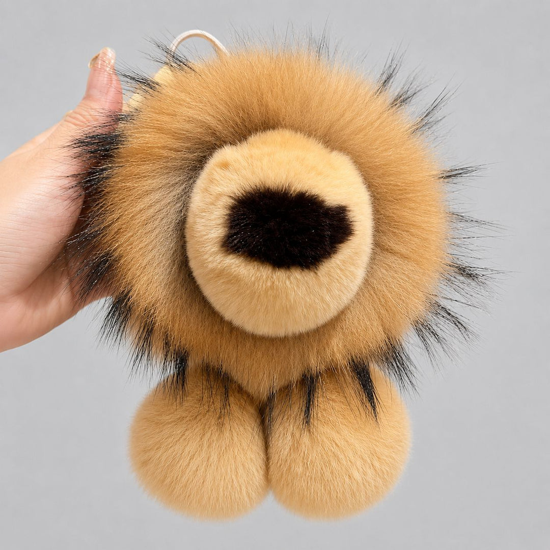 Real Fur Lion Keychain Handmade Fluffy Animal Bag Charm Luxury Fur Pom Pom Key Ring