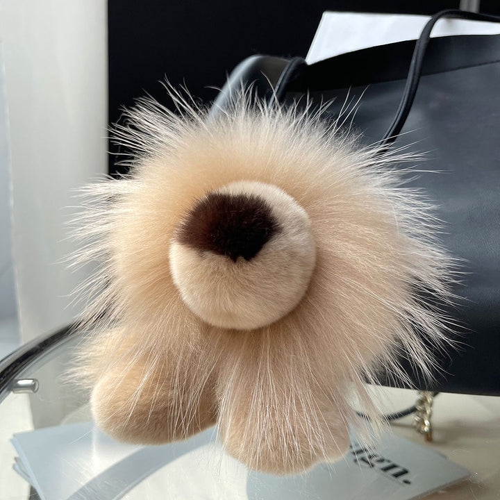 Real Fur Lion Keychain Handmade Fluffy Animal Bag Charm Luxury Fur Pom Pom Key Ring