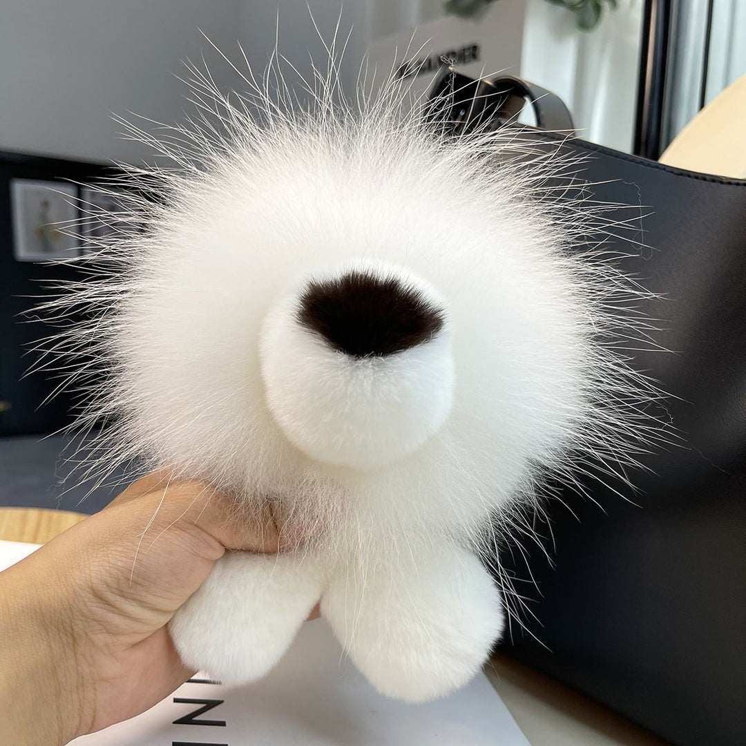 Real Fur Lion Keychain Handmade Fluffy Animal Bag Charm Luxury Fur Pom Pom Key Ring