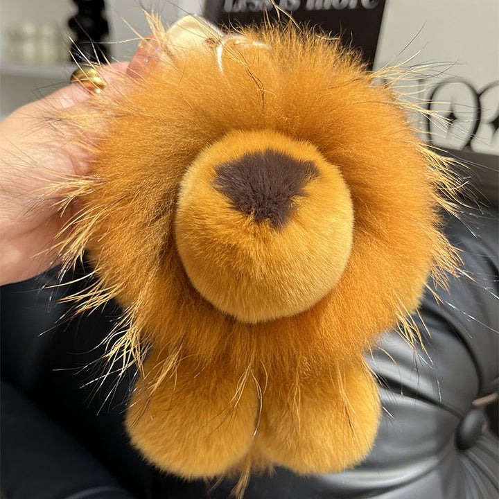 Real Fur Lion Keychain Handmade Fluffy Animal Bag Charm Luxury Fur Pom Pom Key Ring
